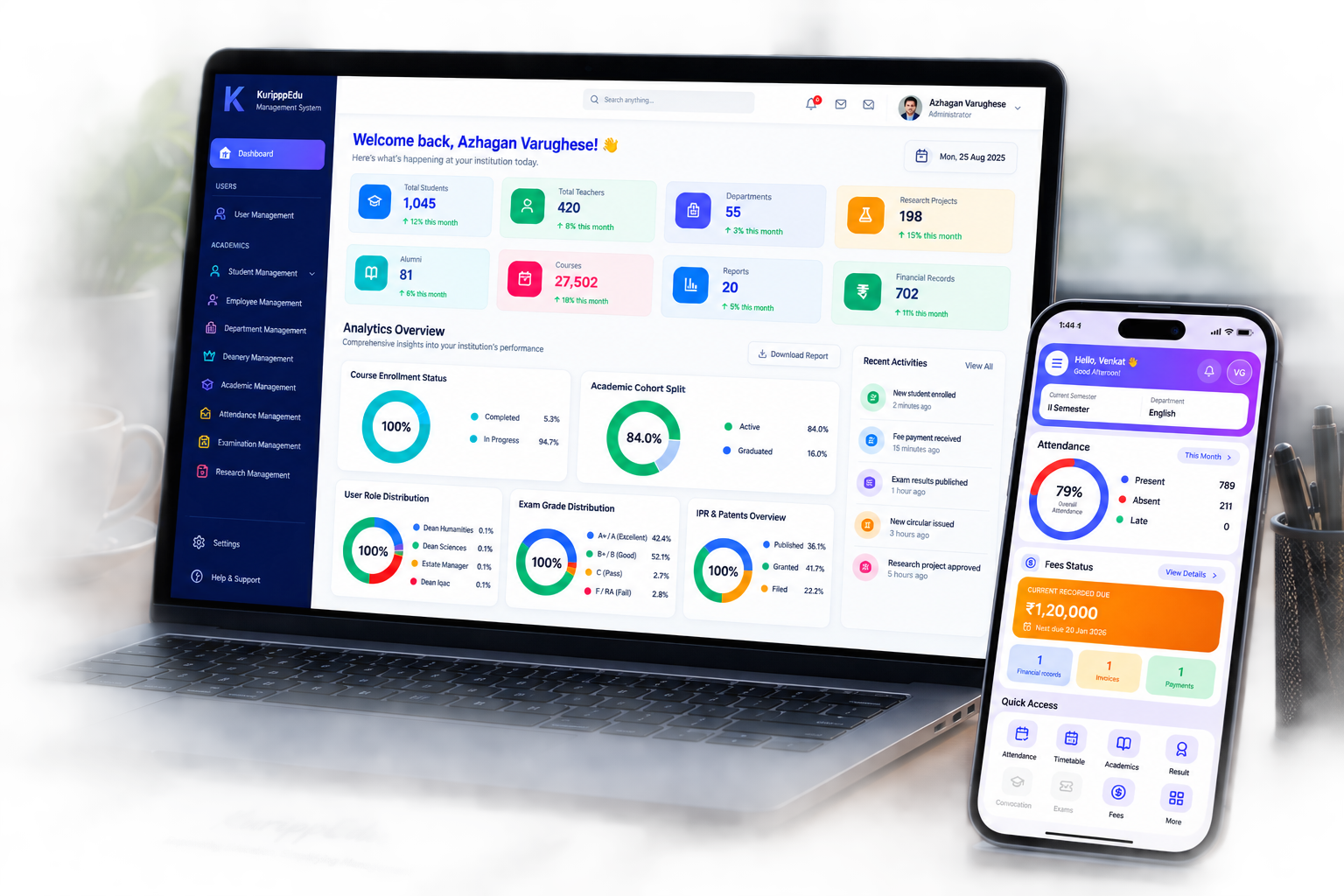 KurippEdu Analytics & Reports dashboard shown on laptop and mobile, with real-time institutional insights