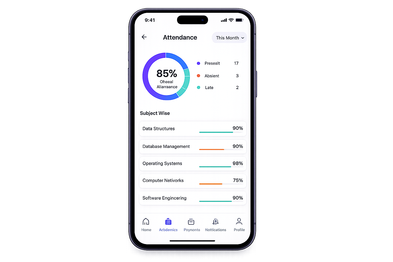 KurippEdu mobile app showing a student attendance dashboard